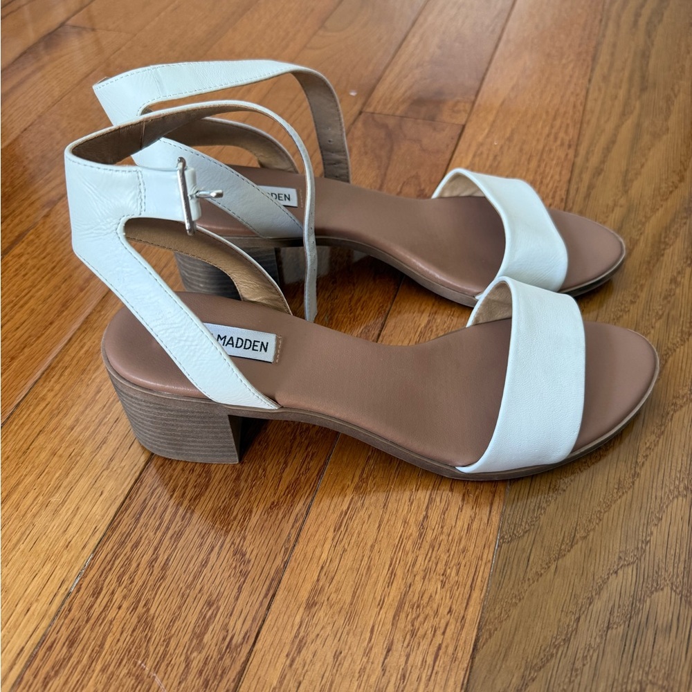 Steve Madden White Leather Block Heel Sandals with Ankle Strap